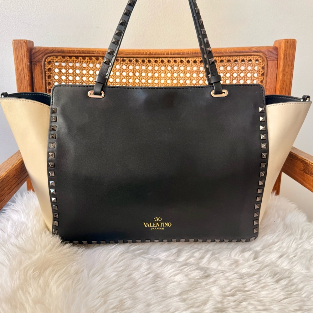 Valentino Garavani Rockstud Leather Tote Black Cream Studded Bag